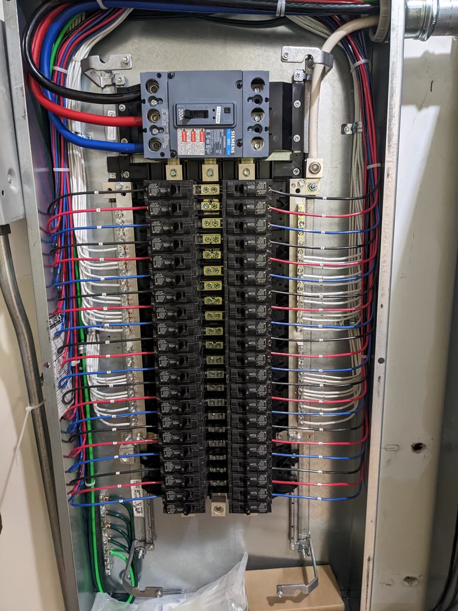 Newly installed 200-amp electrical panel with organized, labeled circuit wiring